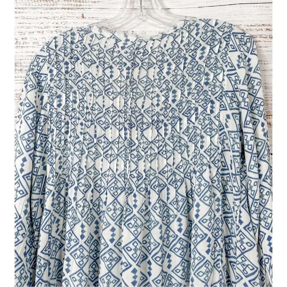 Free People Women's Geometric Long Sleeve Boho Mini Dress White Blue Small